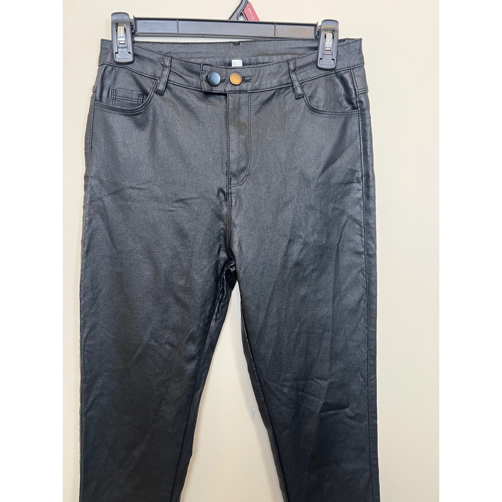Black Coated Faux Leather High Rise Skinny Pants Double Button Stretch L - Picture 4 of 12